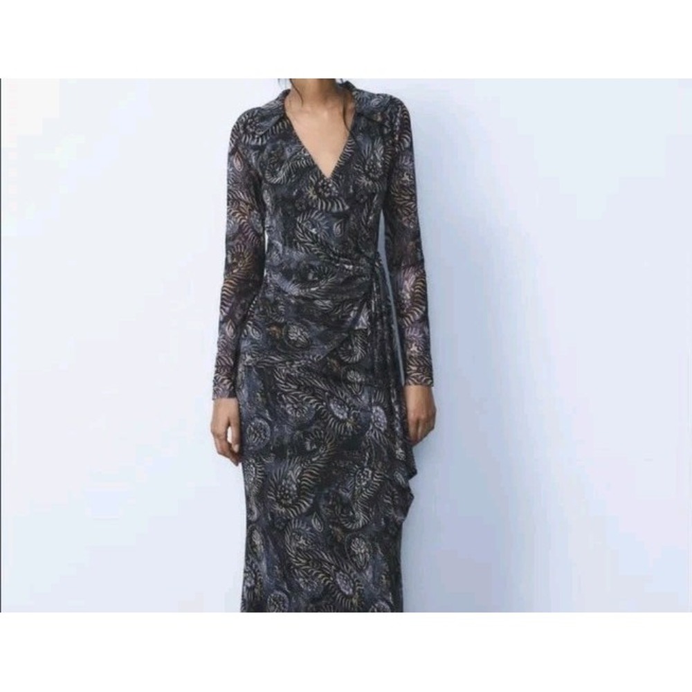 Zara Long Sleeve Printed Faux Wrap Collared Mesh Top Sz S NWOT